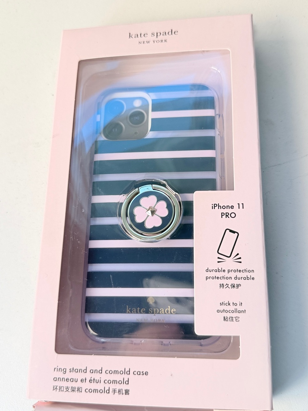 kate spade Navy & White Striped iPhone 11 Pro Case with Pink Flower Ring Stand